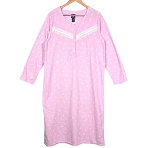 Laura Ashley Fleece Nightgown Womens XL‎ Pink Polka Dot Lace Trim Soft Trad Wife